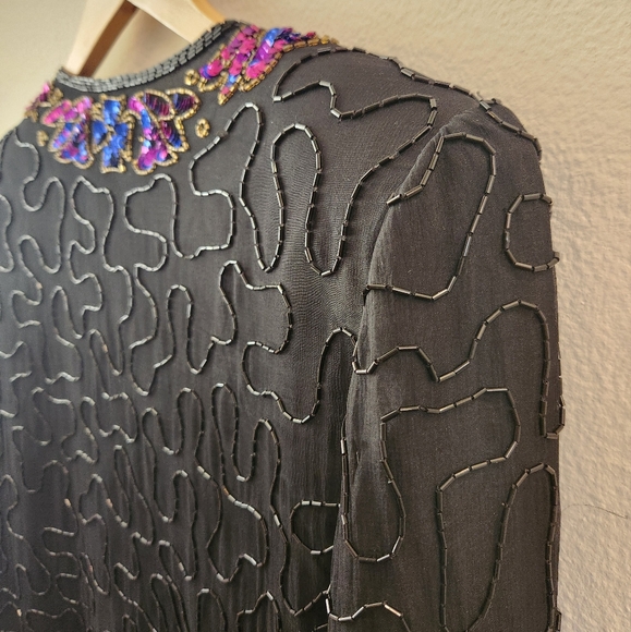 Vintage J.M.C. Silk Jacket Open Front Beaded Sequins Long Sleeve Black Size 1X - Picture 12 of 15
